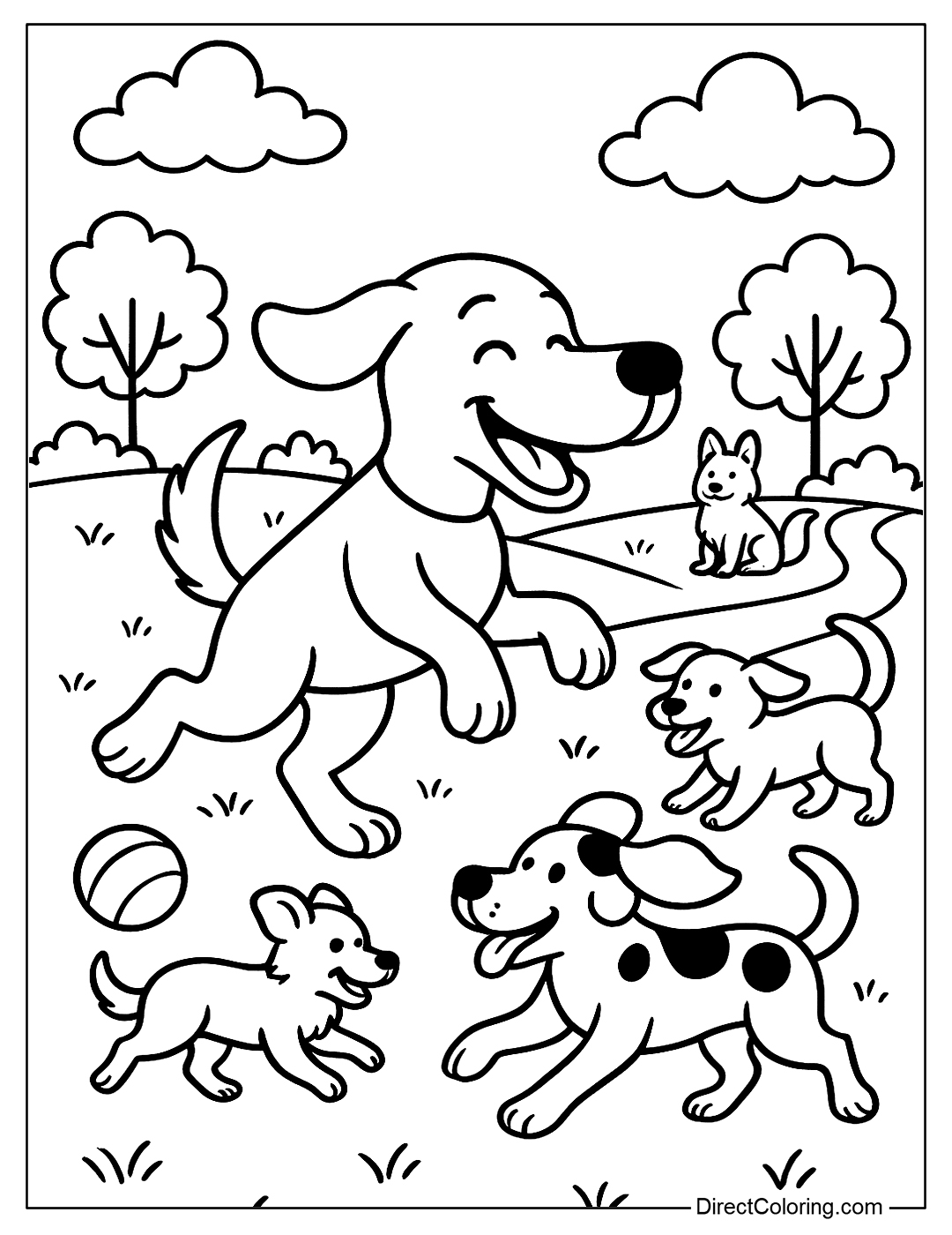 A Dog in the Park with Friends Coloring Page